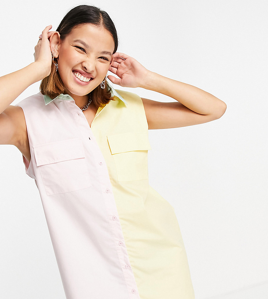 Noisy May exclusive padded shoulder shirt dress in pink and yellow color block-Multi