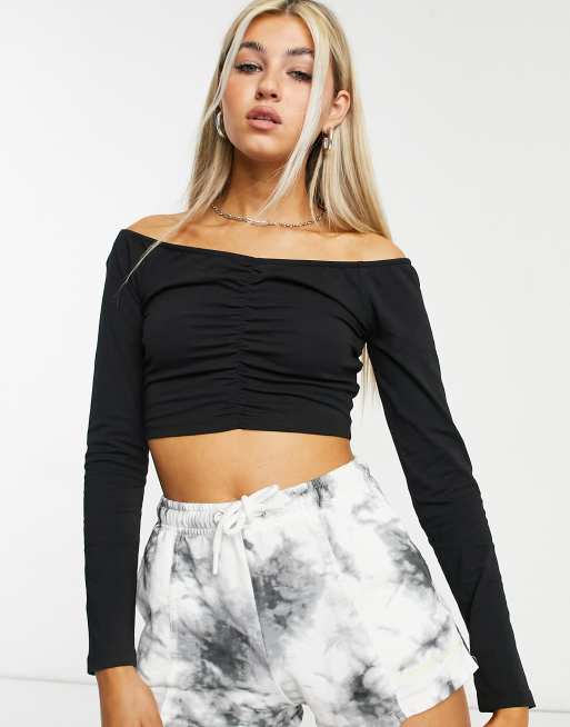 Noisy May exclusive ruched off shoulder top in black, 4 of 4