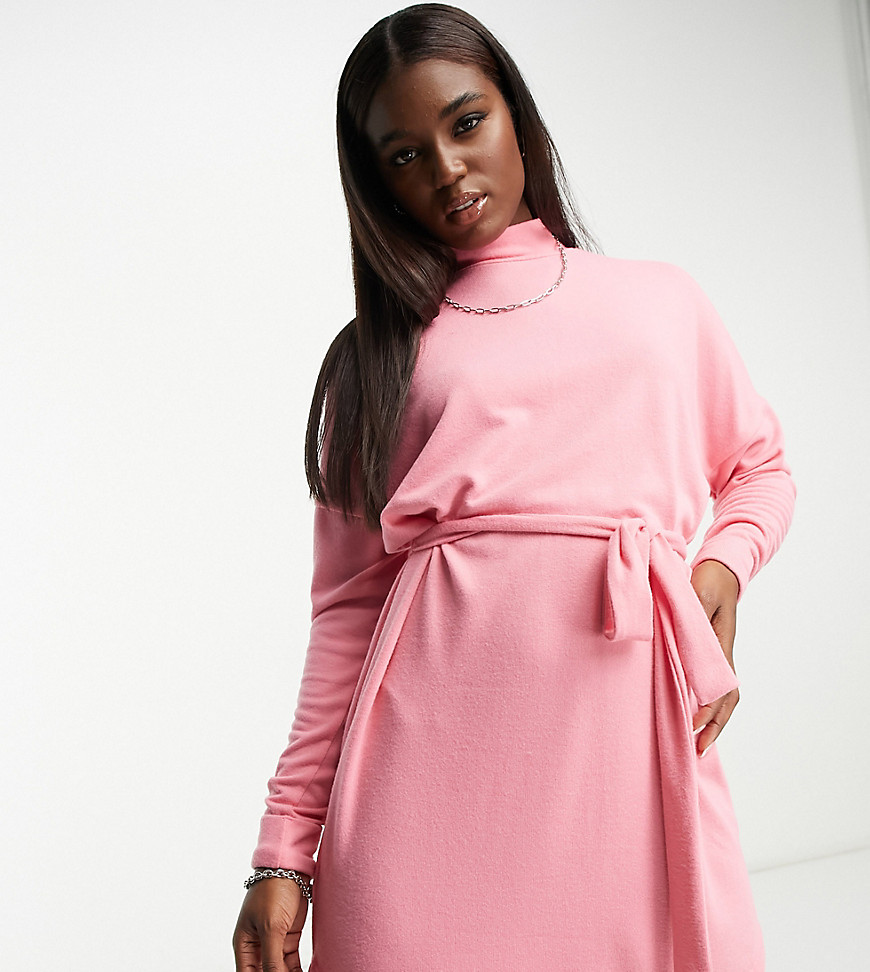 Noisy May Exclusive Tie Waist High Neck Knit Mini Dress In Light Pink