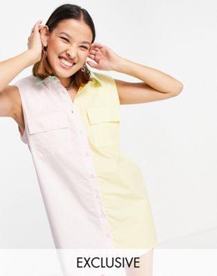 Noisy May - Exclusivité - Robe chemise color block avec épaulettes - Rose et jaune