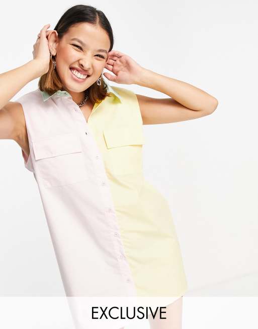 Noisy May - Exclusivité - Robe chemise color block avec épaulettes - Rose et jaune