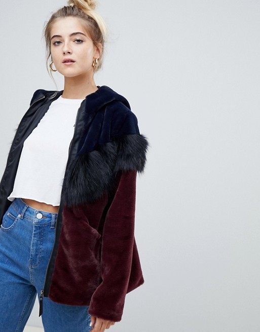 Noisy May faux fur chevron color block coat | ASOS
