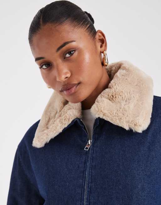 Noisy May faux fur collar bomber jacket in dark blue denim, 2 of 4