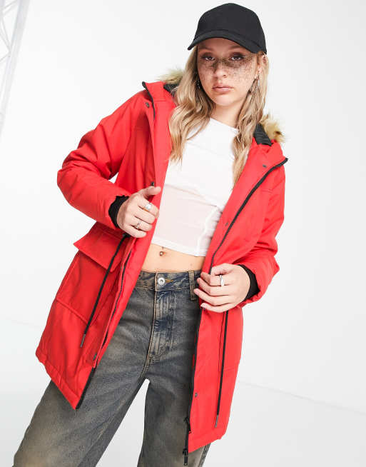 Bright red faux fur trim parka coat hotsell