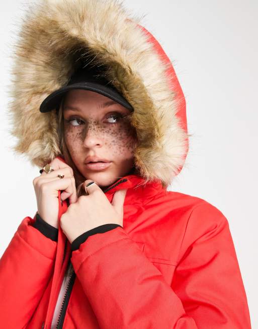 Bright red faux outlet fur trim parka coat