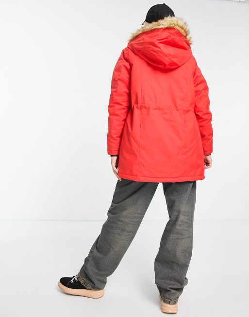 bright red faux fur trim parka coat