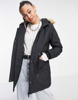 Noisy May Faux Fur Hooded Parka Coat In Black