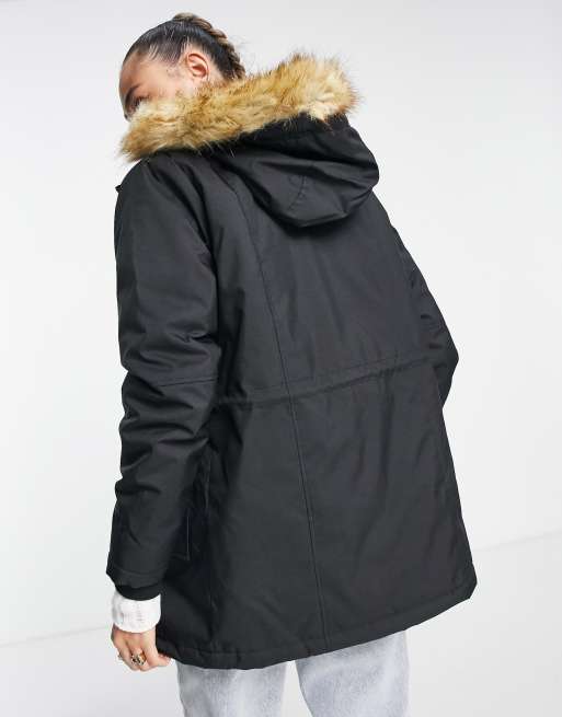 Noisy May faux fur hooded parka coat in black