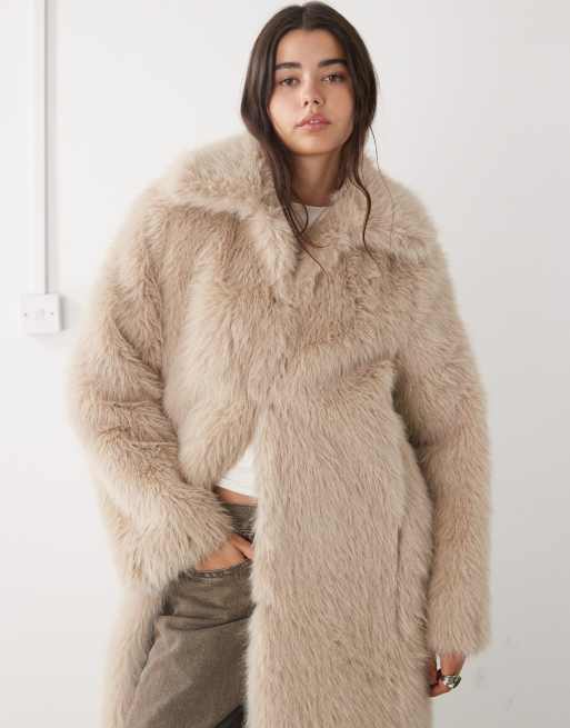Noisy May faux fur longline coat in beige