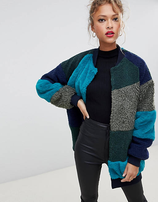 Noisy May faux fur patchwork coat