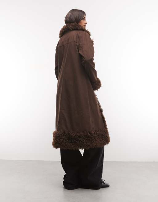 Noisy May faux fur trims coat in brown, 4 of 4