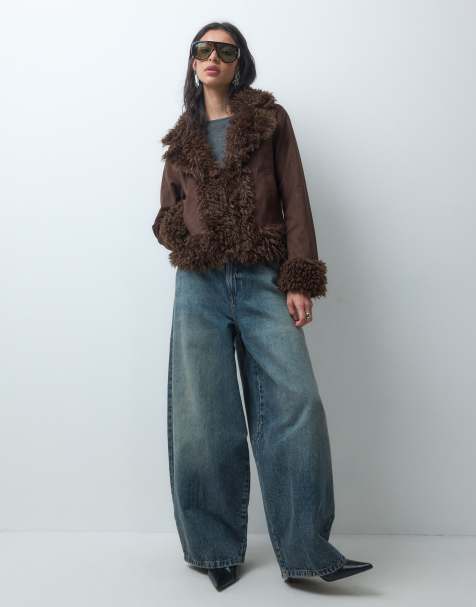 Noisy May faux fur trims jacket in brown - view 1