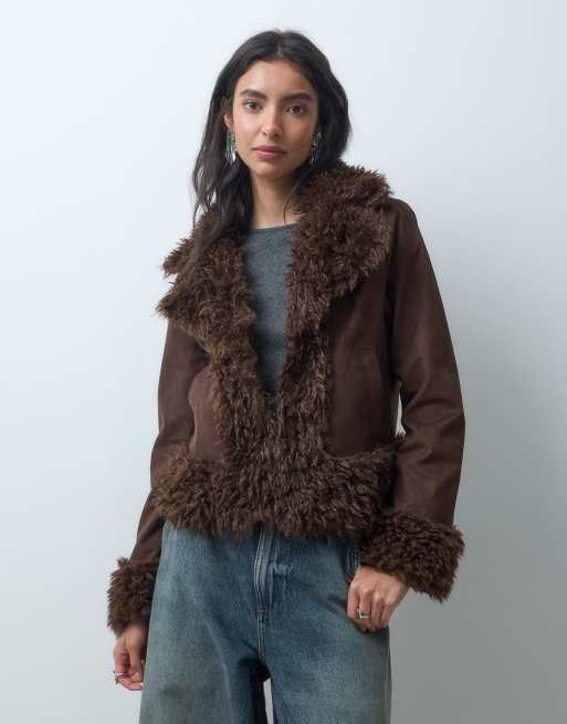 Noisy May faux fur trims jacket in brown, 2 of 4
