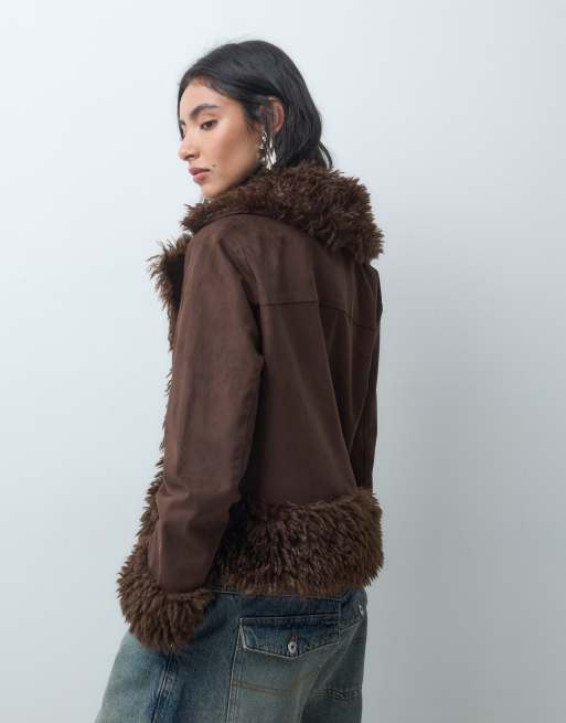 Noisy May faux fur trims jacket in brown, 4 of 4