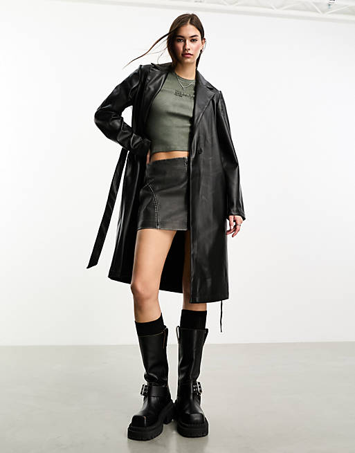 Noisy May faux leather belted coat in black | ASOS