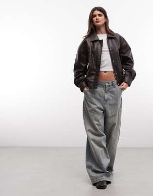 Noisy May Faux Leather Bomber Jacket In Brown