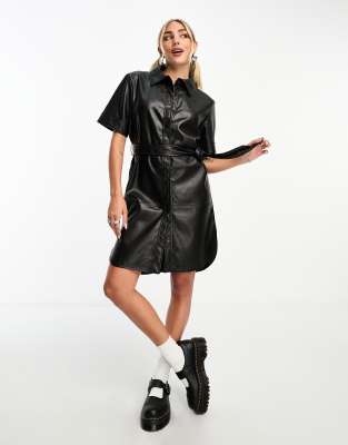 Noisy May Faux Leather Button Down Tie Waist Mini Dress In Black