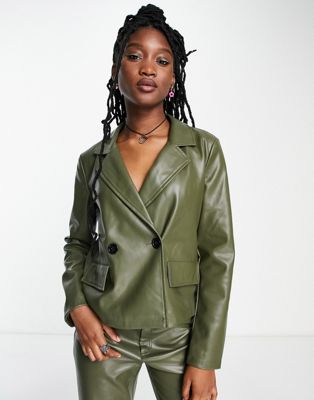Noisy May faux leather cropped blazer jacket co-ord in khaki