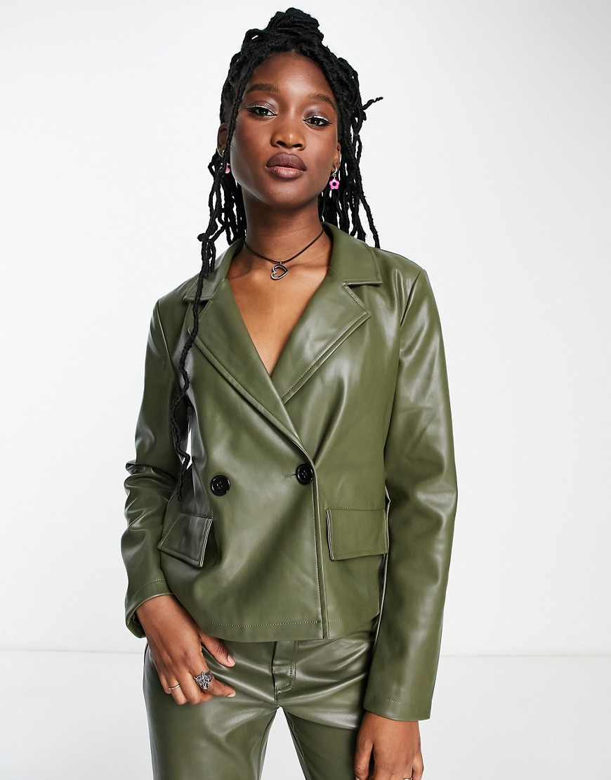 Noisy May faux leather cropped blazer jacket co-ord in khaki-Green