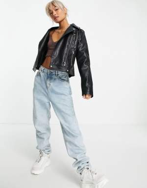 Noisy May faux leather look biker jacket in black