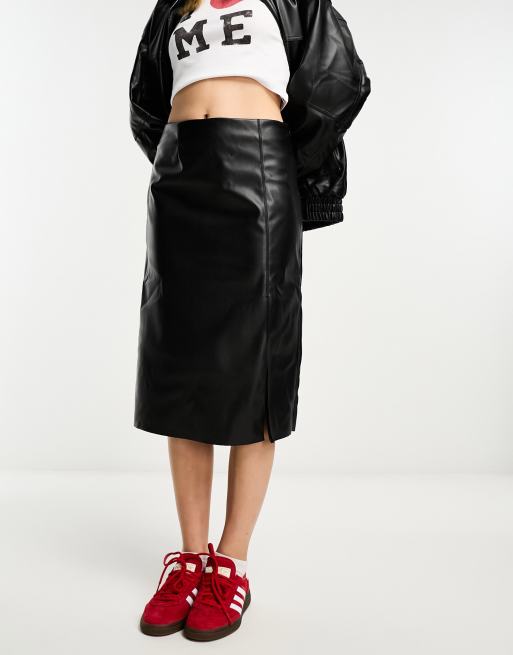 Black Faux Leather Midi Skirt