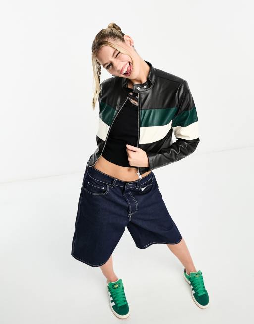 Noisy May faux leather moto jacket in black colourblock
