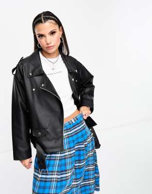 Noisy May faux leather oversized biker jacket in black