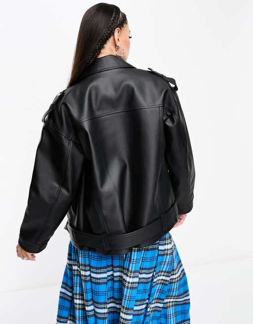 ASOS Premium Leather Oversized Biker Jacket With Chain Detail in Black