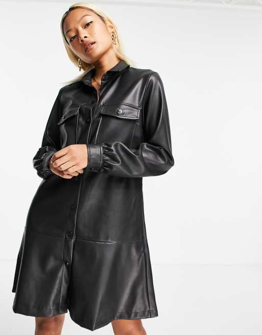 Noisy May faux leather peplum shirt dress in black