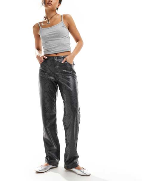 Noisy May faux leather slim fit pants in gray snake print - view 1