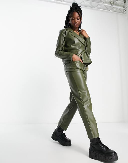 Noisy May faux leather straight leg pants in olive