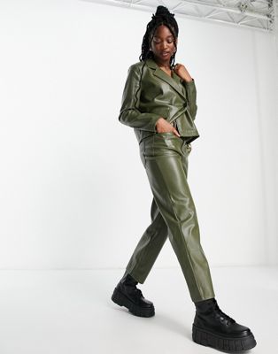 Noisy May faux leather straight leg trousers in khaki - ASOS Price Checker