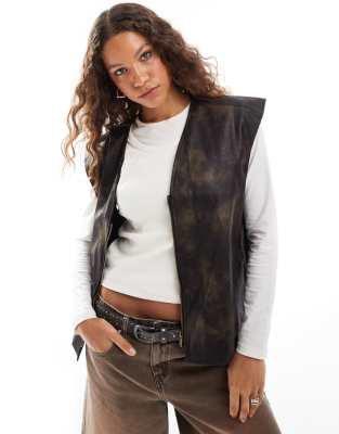 faux leather zip thru vest in washed brown-Green