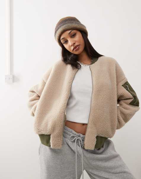 Noisy May faux shearling bomber jacket in beige - view 1