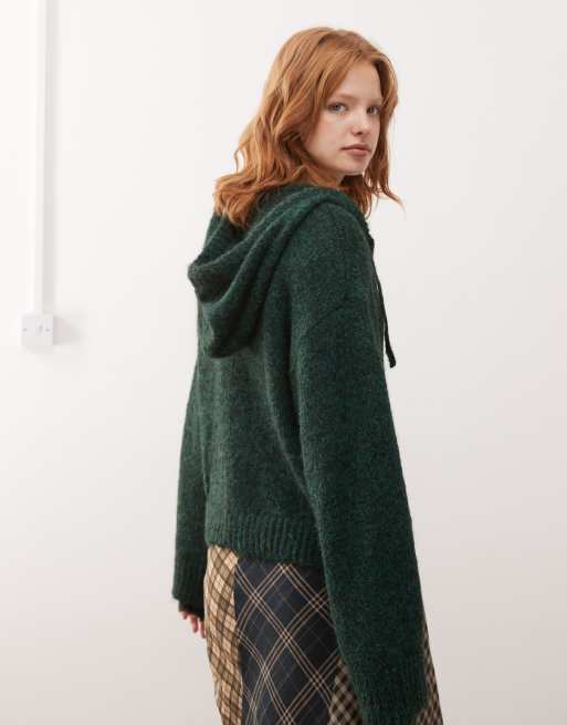 Noisy May - Felpa in maglia verde mélange con cappuccio e chiusura con zip, 3 di 4