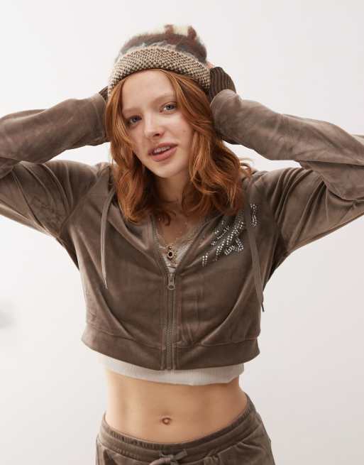Noisy May - Felpa in velour color visone con cappuccio e chiusura con zip in coordinato, 3 di 4