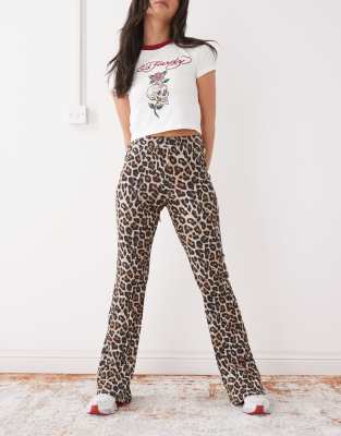 Noisy May Noisy May flare ribbed trousers in leopard print-Multi