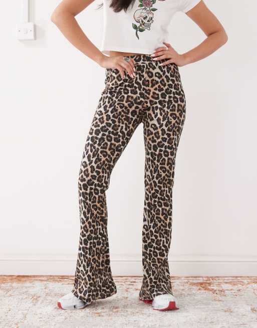 Noisy May flare ribbed trousers in leopard print ASOS