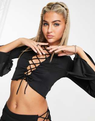 Noisy May Flare Sleeve String Front Top In Black - Part Of A Set