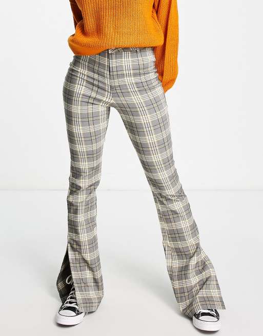 Noisy May flared pants in grey & cream check