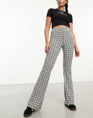 Noisy May Flared Trousers In Black Houndstooth Asos