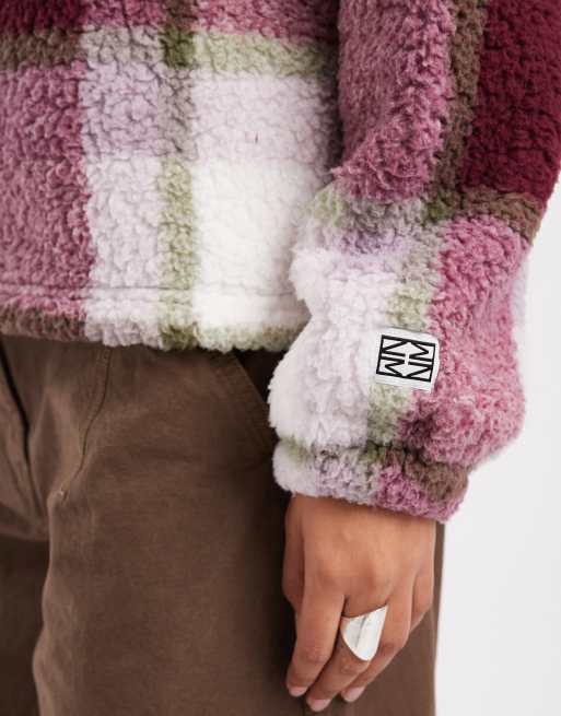 Noisy May fleece met rits in bordeauxrood en crème geruit, 4 van 4