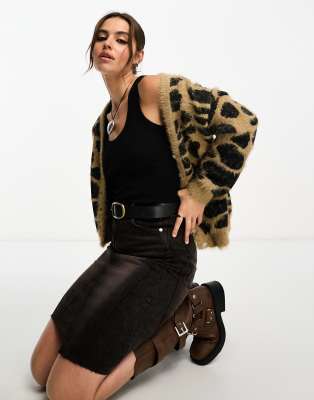 Noisy May fluffy cardigan in black & camel animal print