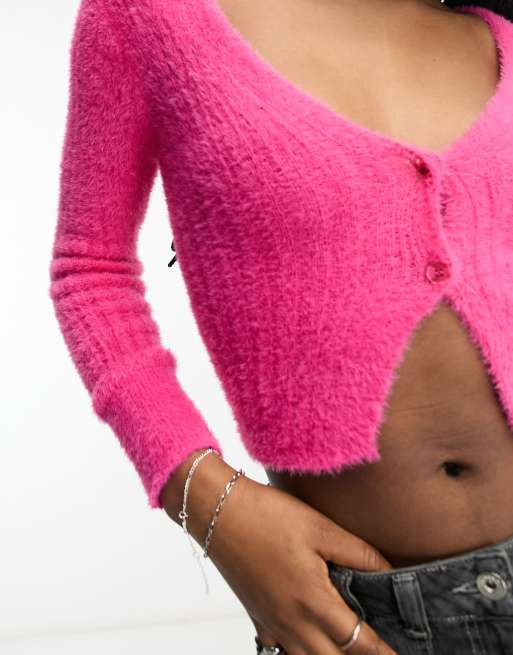 Noisy May fluffy knit cardigan in hot pink