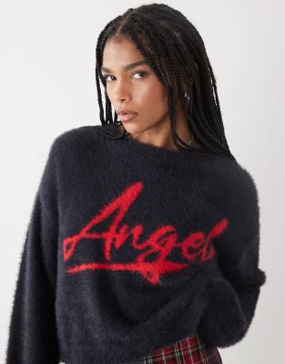 Noisy May Fluffy Textured Sweater With Angel In Black