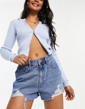 Topshop denim a-line mom shorts with rip in mid blue | ASOS