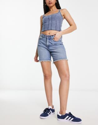 Noisy May Frayed Hem Longline Denim Shorts In Light Blue Denim