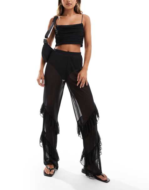 Noisy May frill hem mesh trouser in black - view 1