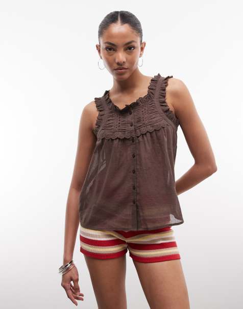 Noisy May frill sleeve button through top in brown - view 1
