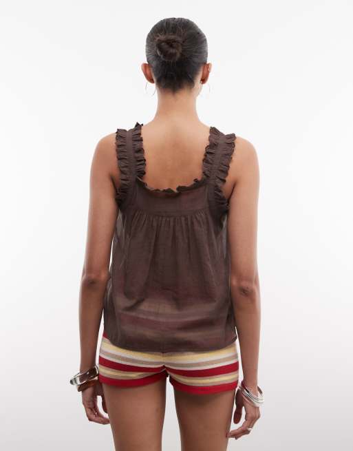 Noisy May frill sleeve button through top in brown, 4 of 4